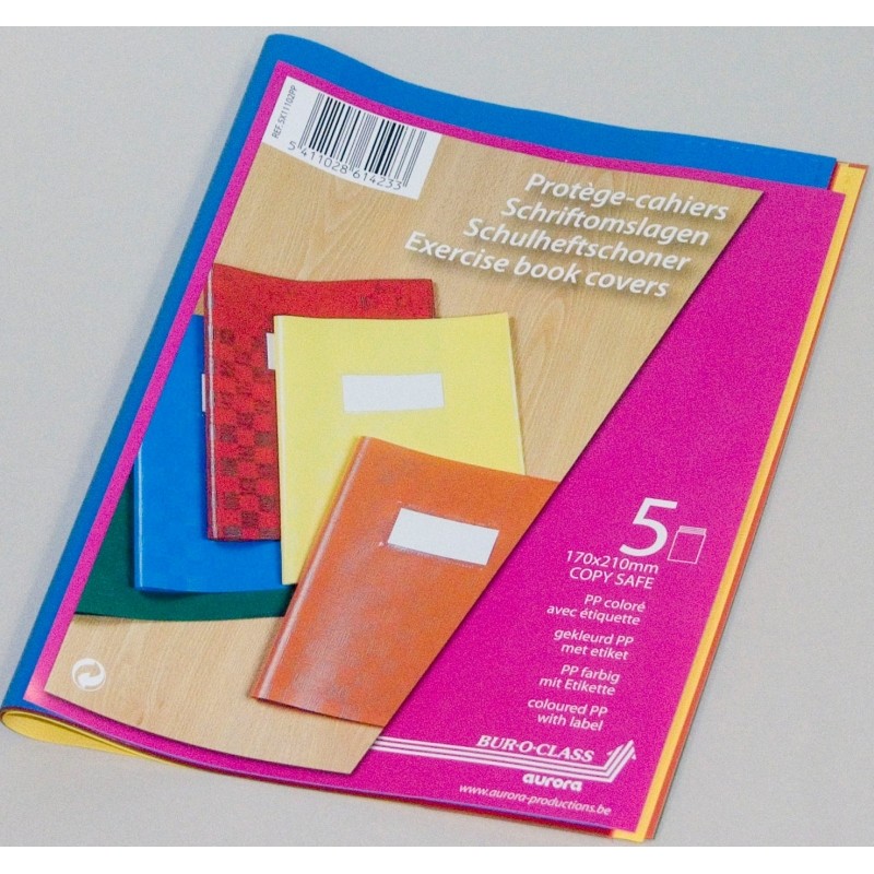 Coperta PP - 120 microni, cu eticheta, pentru caiet A5, 5 buc/set, Aurora - culori asortate
