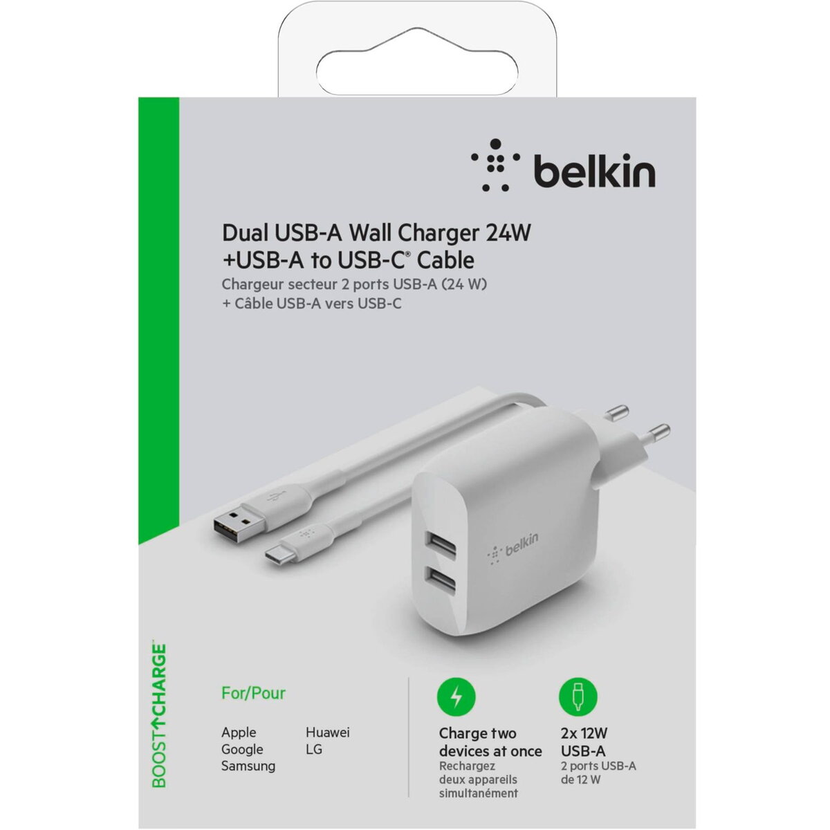 Dual USB-A incarcator, 24W incl. USB-C Cable 1m, white