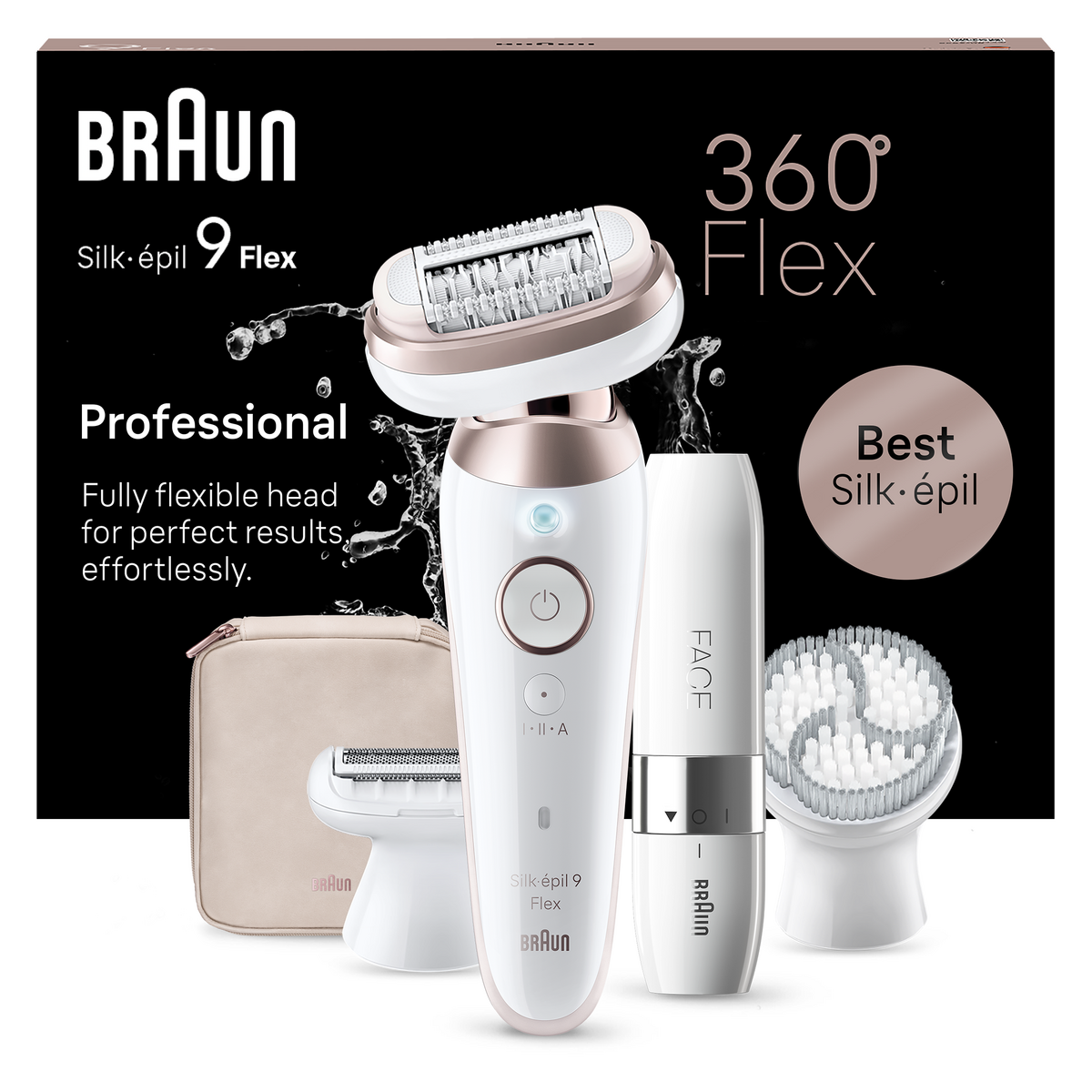 Epilator Silk-épil 9 9-360 Flex 360° Wet & Dry, Smart Touch, 40 de pensete, 2 viteze, Trimmer pentru fata, Cap de ras + Pieptene, Cap pentru exfoliere, Geanta de voiaj, Bronz