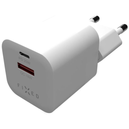 FIXED Mini USB-C/USB Travel Charger 20W, white