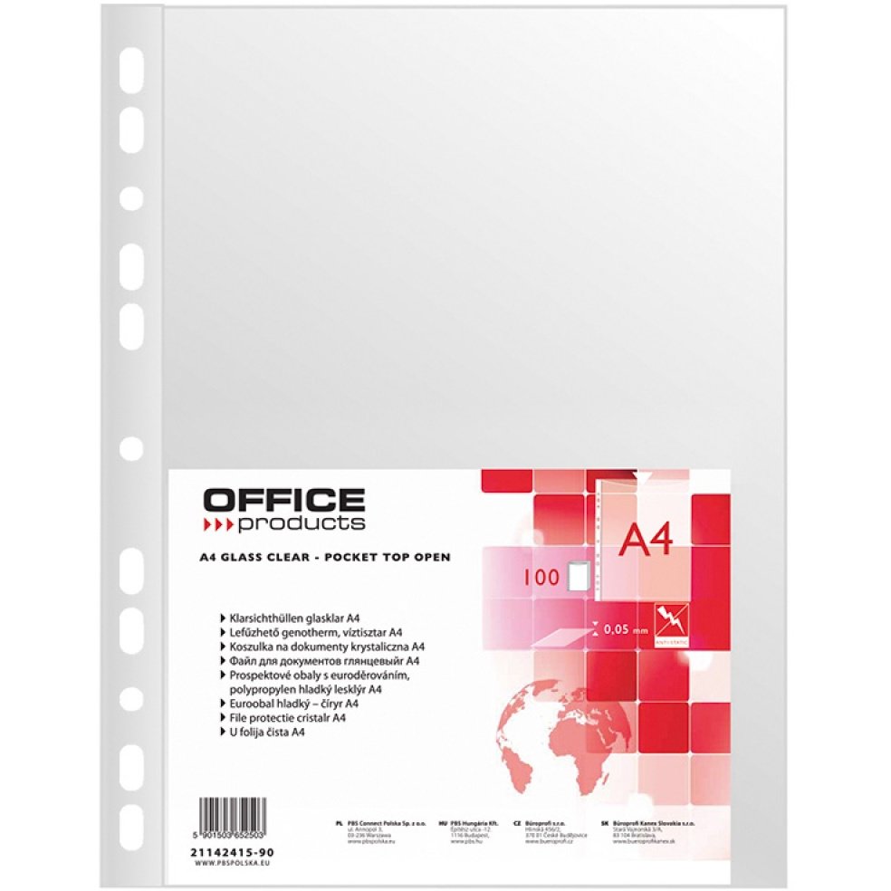 Folie protectie pentru documente A4, 50 microni, 100folii/set, Office Products - cristal