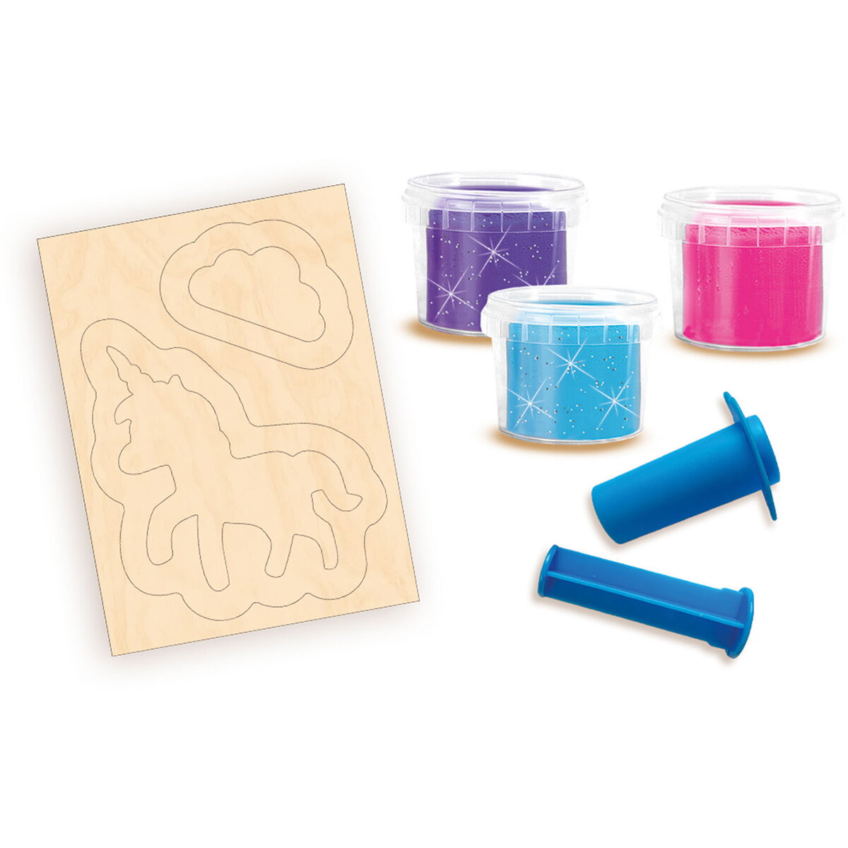 Jucarie Creativa copii cu unicorni din lemn si plastilina cu sclipici
