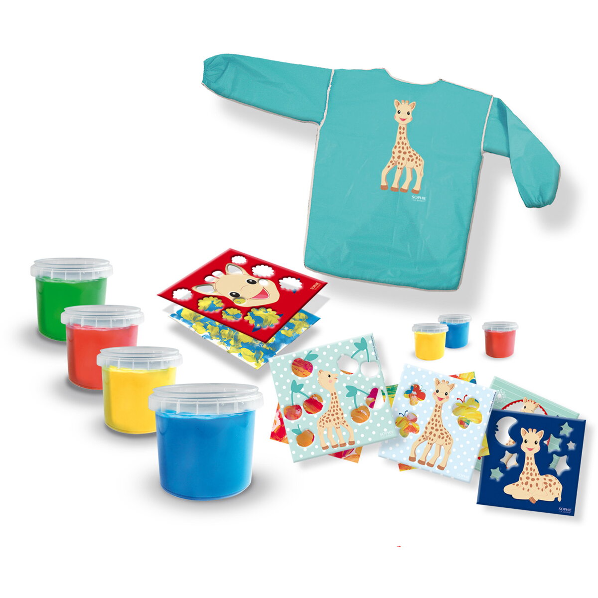 Jucarie Creativa Girafa Sophie - Set acuarele pentru degetele cu planse si sort