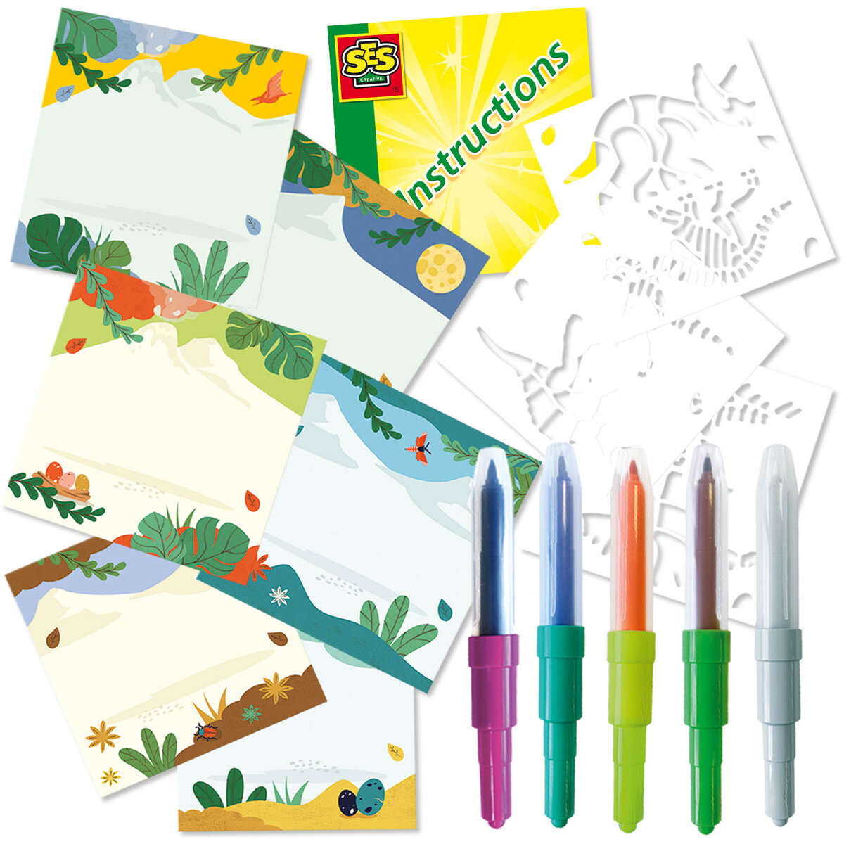 Jucarie Creativa Set carioci colorate cu aerograf si matrite cu dinozauri