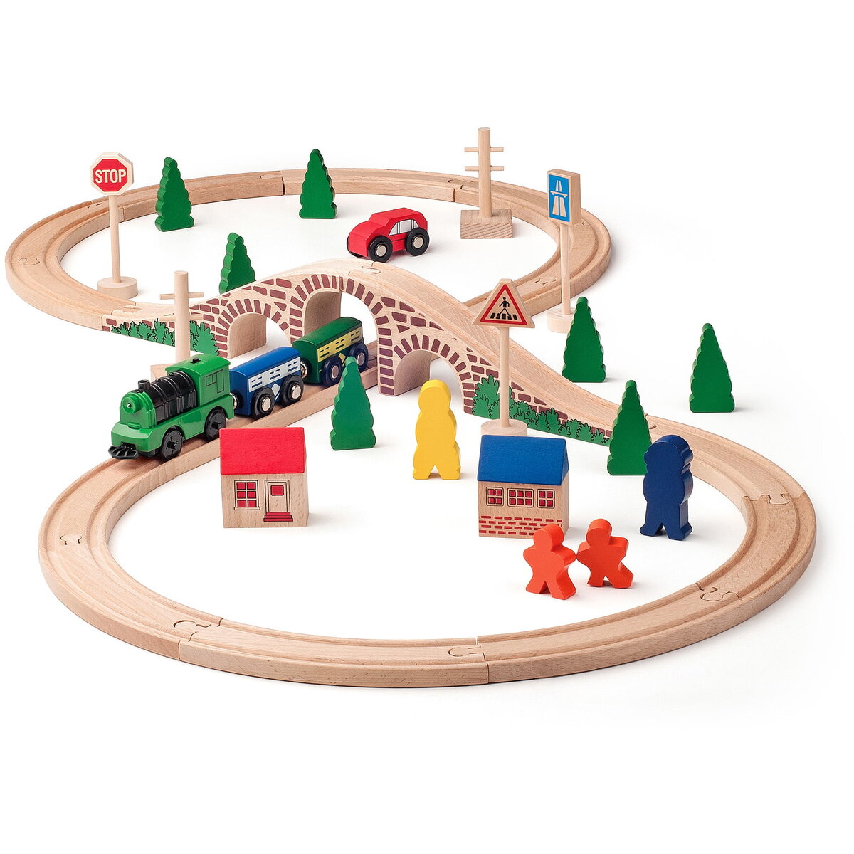 Jucarie din lemn - Tren cu cale ferata in forma de 8 si locomotiva cu baterie