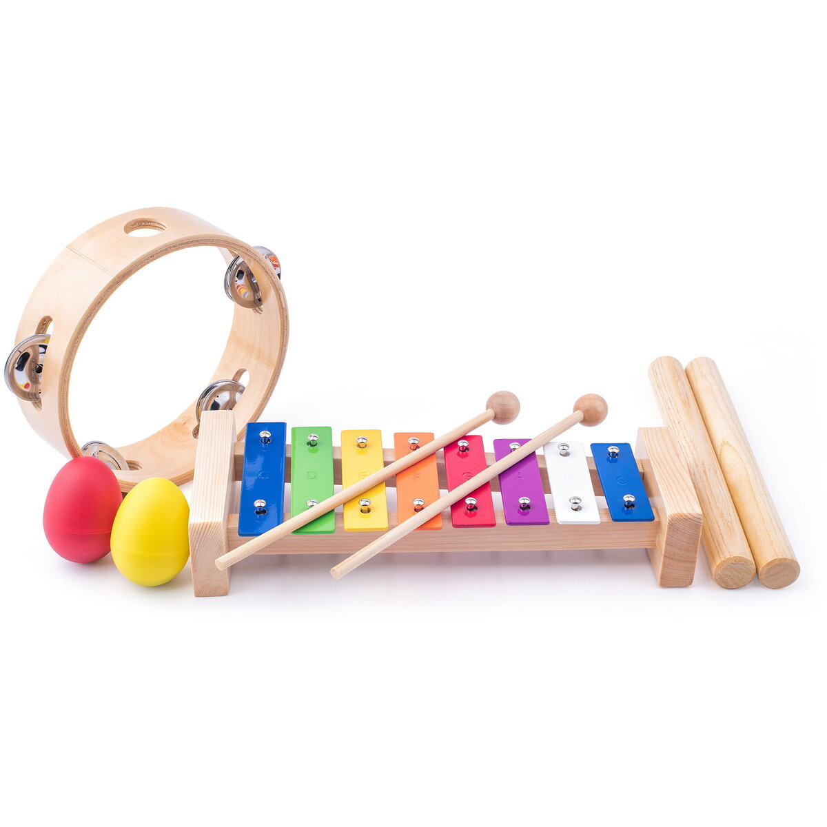 Jucarie Educationala Jucarie din lemn - Xilofon, tamburina, 2 maracas