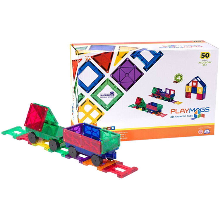 Jucarie Educationala Magnetic tiles 3D Train Playmags 153 - 50 pcs set