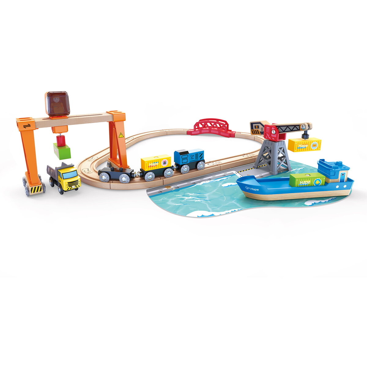 Jucarie Educationala Set de jucarie din lemn - port cu trenuri, vapoare si camioane