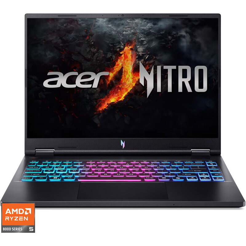 Laptop Gaming 14.5'' Nitro 14 AN14-41, WUXGA IPS 120Hz, Procesor AMD Ryzen 5 8645HS (16M Cache, up to 5.0 GHz), 16GB LPDDR5X, 512GB SSD, GeForce RTX 4050 6GB, No OS, Obsidian Black