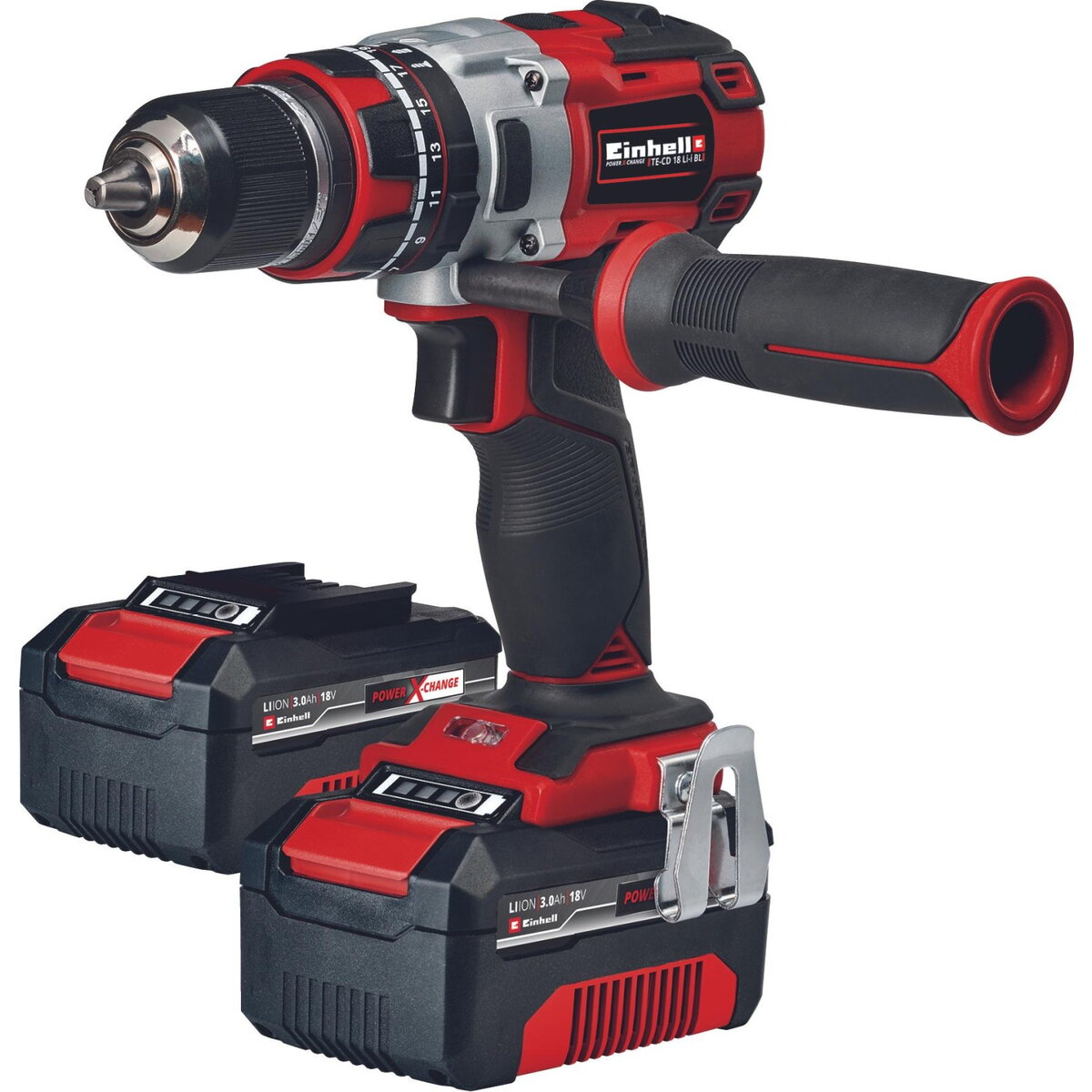 Masina de insurubat pe acumulator Einhell TE-CD 18 Li-i Brushless Power X-Change, 18 V, 2 viteze, 60 Nm, lumina LED, 2 acumulatori de 3 Ah, incarcator