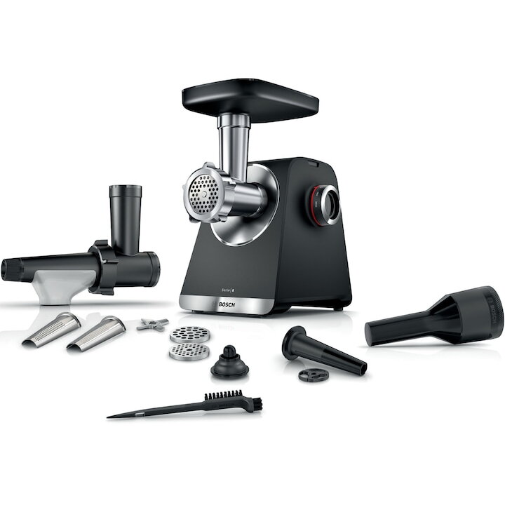 Masina de tocat Bosch MFWS650B, 2100W, 3.5kg/ min, 3 site, accesoriu suc de rosii, palnie carnati, accesoriu pt kebbe, cutit cu 2 taisuri, Argintiu