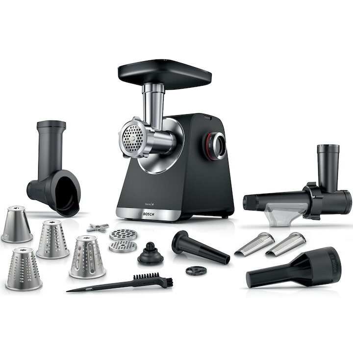 Masina de tocat Bosch MFWS660B, 2100W, 3.5kg/ min, 3 site, accesoriu suc de rosii, palnie carnati, accesoriu pt kebbe, cutit cu 2 taisuri, 4 accesorii de tocare, Negru/argintiu