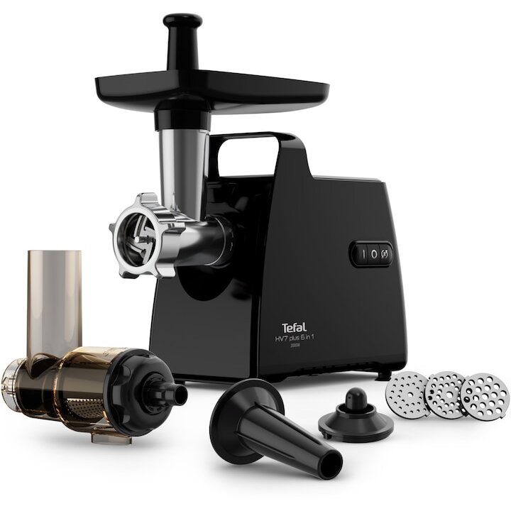 Masina de tocat carne Tefal HV7 Plus 6 in 1 NE553838, 2000 W, 2.8 kg/min, accesorii pentru kebbe, carnati, suc de rosii, 3 grile din inox, functie reverse, negru