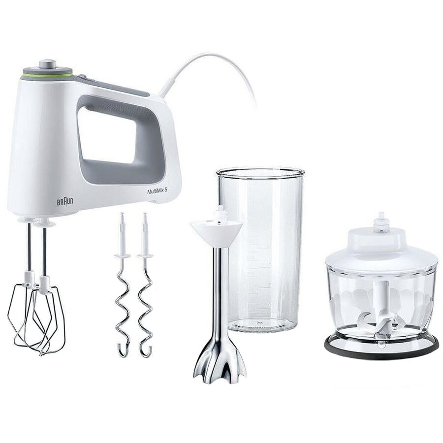 Mixer de mana HM5137WH, 750 W, 9 viteze + Turbo, Pahar gradat 0.6L, Tocator 0.5l, Picior pasator inox, 2 palete, 2 carlige, Alb/Gri