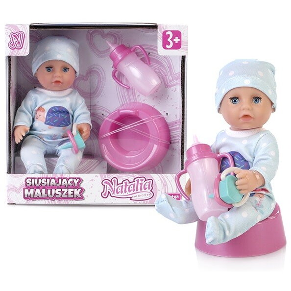 Papusa Natalia peeing Baby 17 cm Albatru cu Biberon si Accesorii