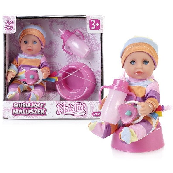 Papusa Natalia peeing Baby 17 cm Roz cu Biberon si Accesorii