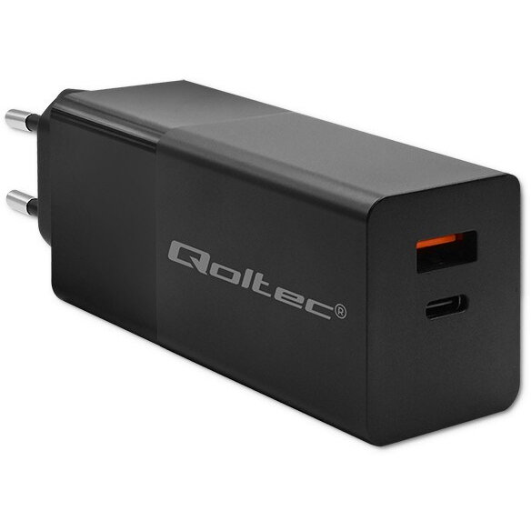 Qoltec 52382 GaN POWER PRO charger | 1xUSB type C | 1xUSB A | 100W | 5-20V | 1.5-5A | PD | Black