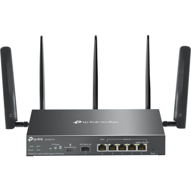 Router Wireless Omada ER706W-4G VPN AX3000 Dual-Band Wi-Fi6 4G+ Cat6 5 Antene Externe Detasabile Negru