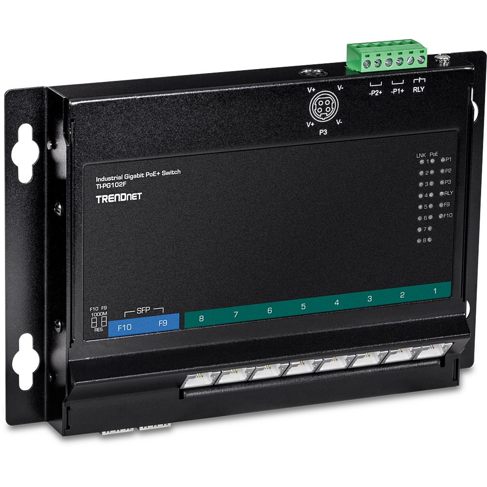 Switch 10-Port Industrial Gigabit PoE+ WallMount Front Acc