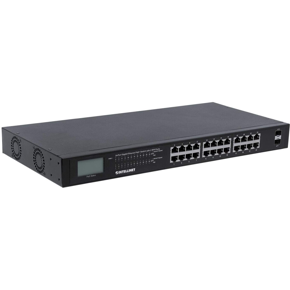 Switch Gigabit 24x RJ45 PoE+, 2x SFP, LCD