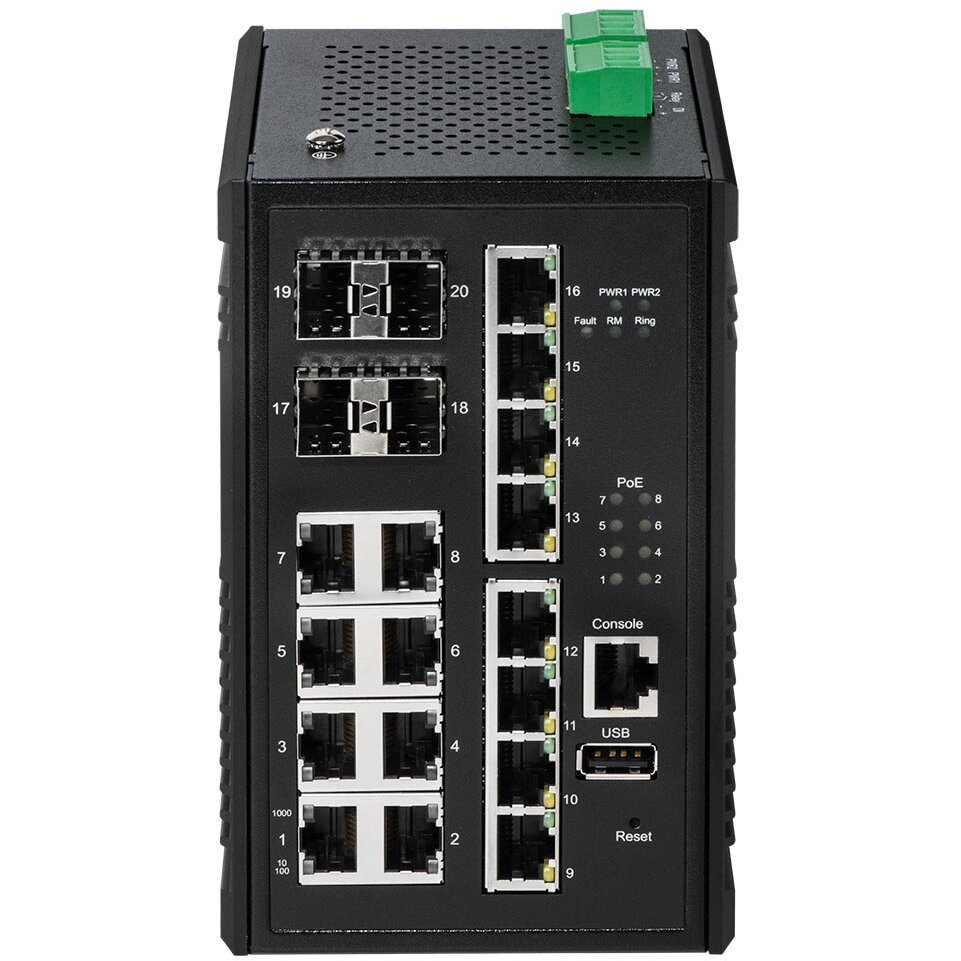 Switch Industrial 16-Port Gig. PoE+ WebM. 8xPoE+/4xSF