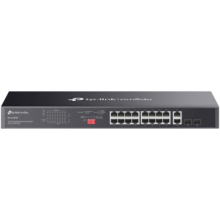 Switch Omada DS1018GMP fara Management 18 Porturi Gigabit (16 Porturi POE+ cu Buget Total 250W) Carcasa Metalica Montabila in Rack Negru