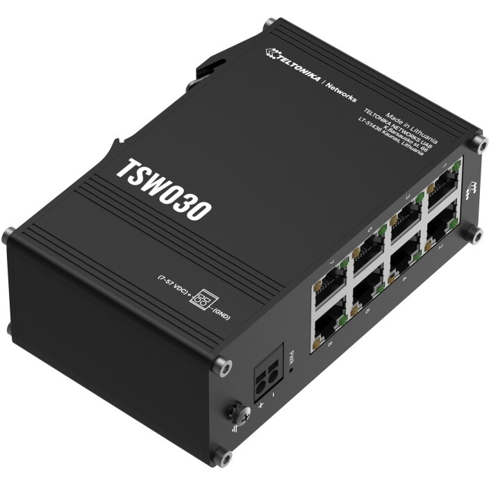 Switch TSW030 Unmanaged 8 ETH ports Ethernet Switch, 2-pin industrial DC power socket, 7 – 57 VDC, Integrated DIN rail bracket