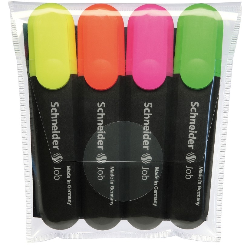 Textmarker Schneider Job, varf lat, 4 culori/set - (G, O, V, R)
