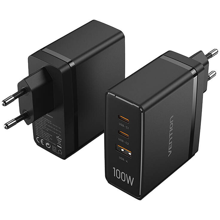 Wall Charger Vention FEGB0-EU 2xUSB-C 1xUSB-A 100W/100W/30W GaN (black)